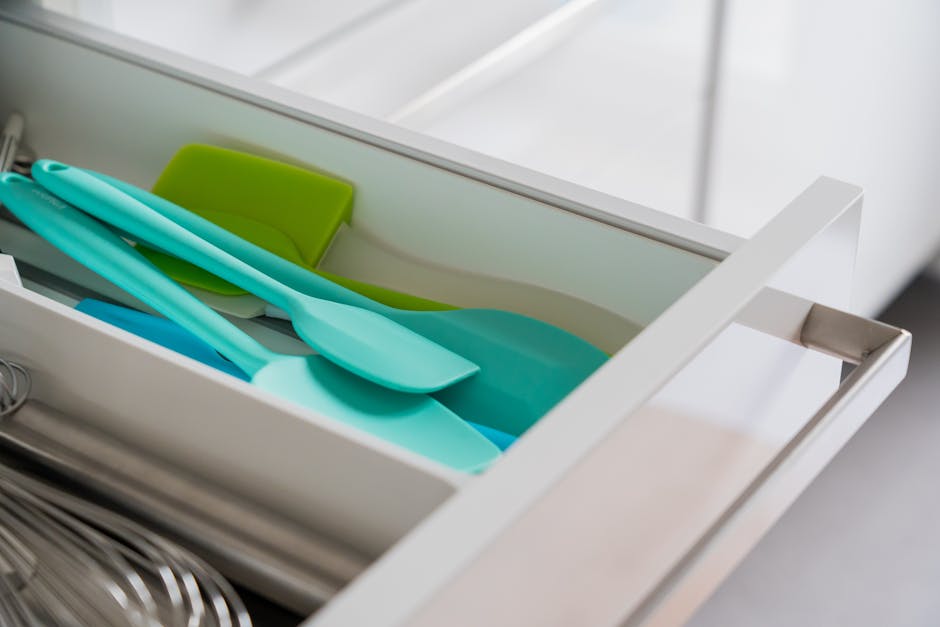 Open kitchen drawers with organization